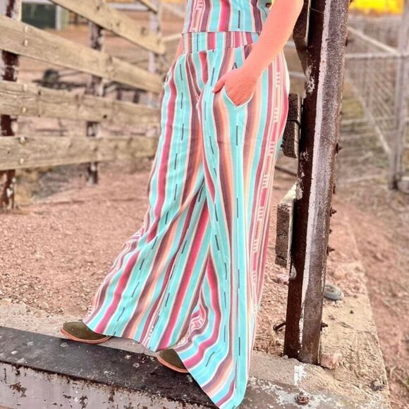 Western Serape Striped Print Palazzo Wide Leg Rodeo Ready Boho Pants - Picture 3 of 6